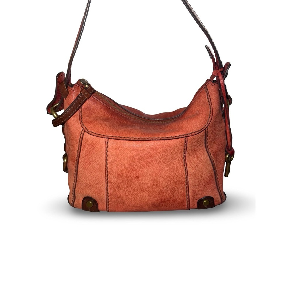 Fossil Red Orange Pebbled Leather Shoulder Bag Brass Key Charm Small Hobo